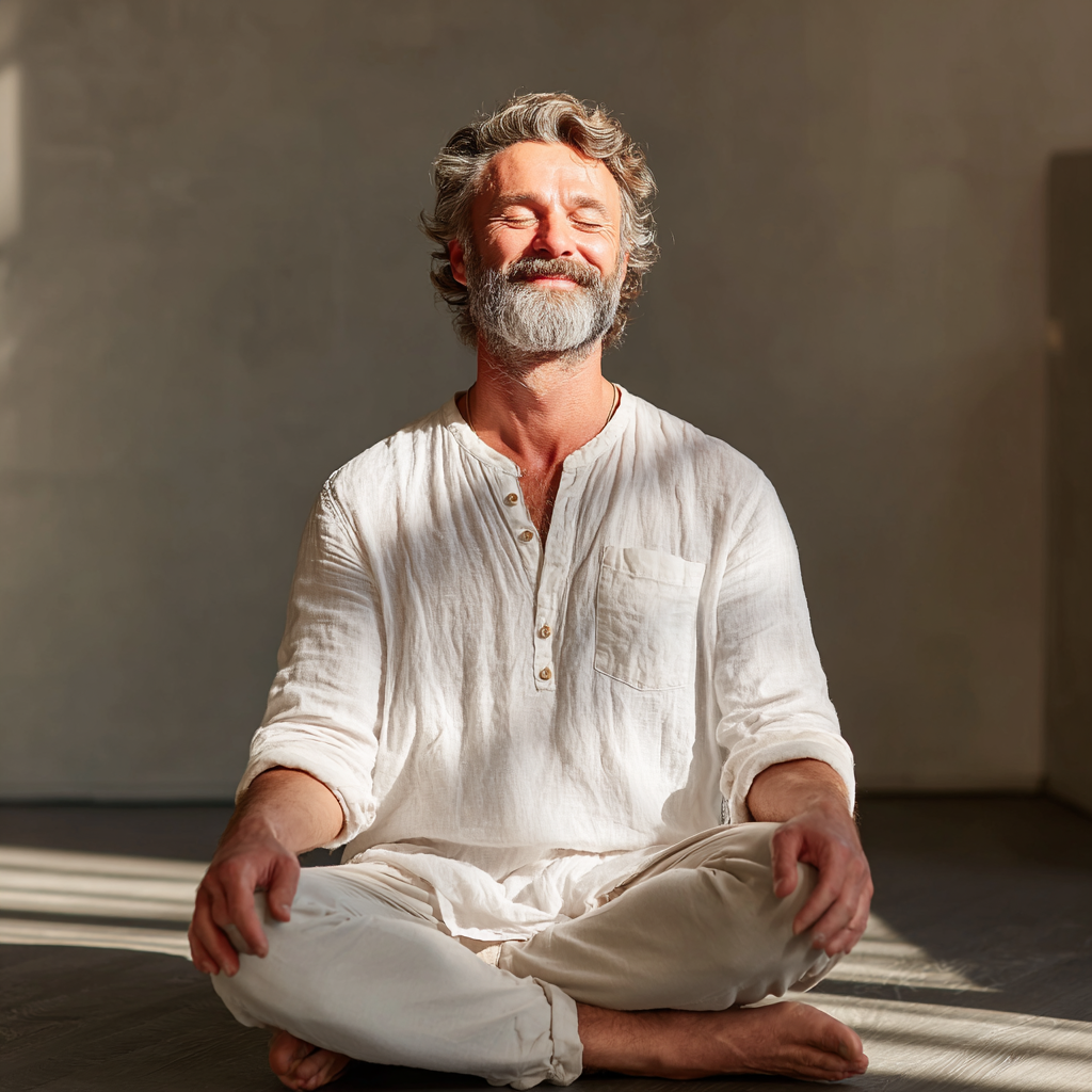 Smiling Ukrainian adult practicing gentle yoga flow movements in natural outdoor setting with peaceful expression