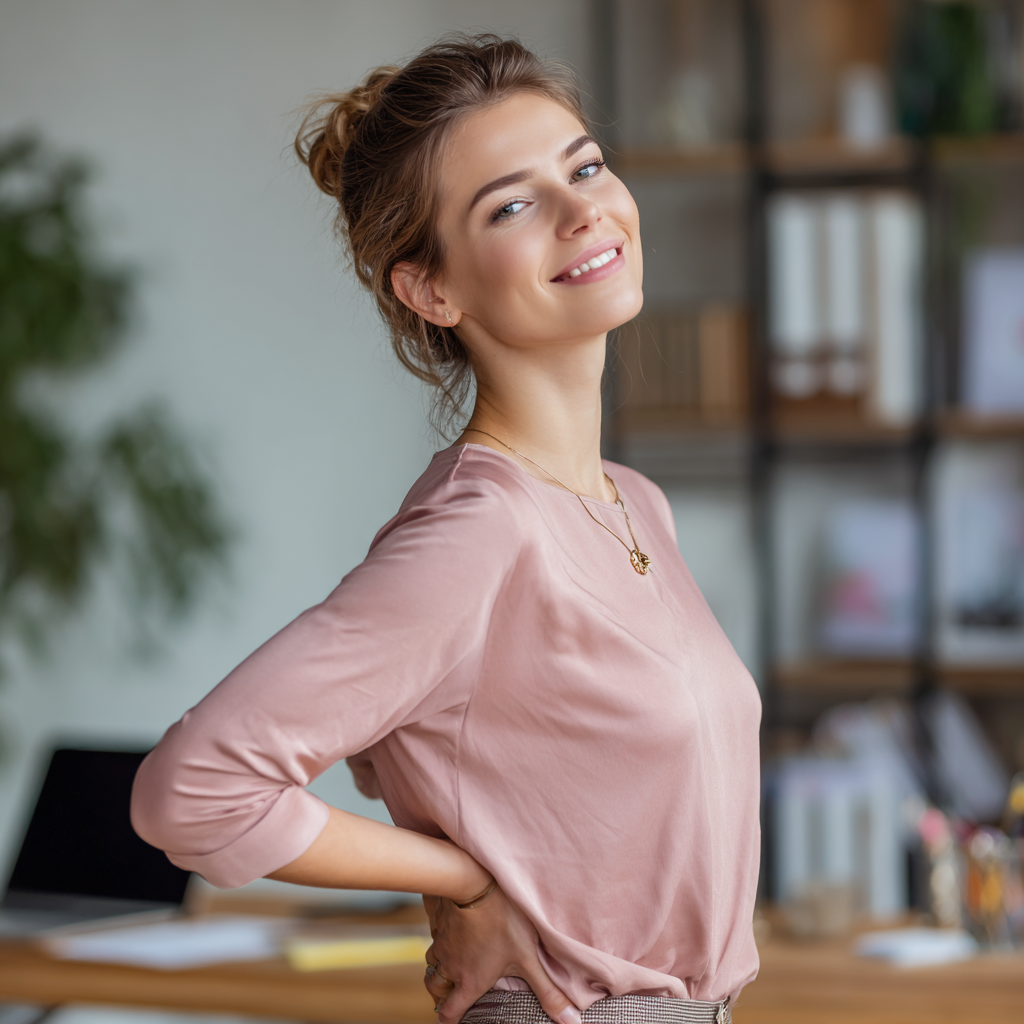Ukrainian adult demonstrating proper spinal alignment during yoga practice with focused concentration and natural body positioning