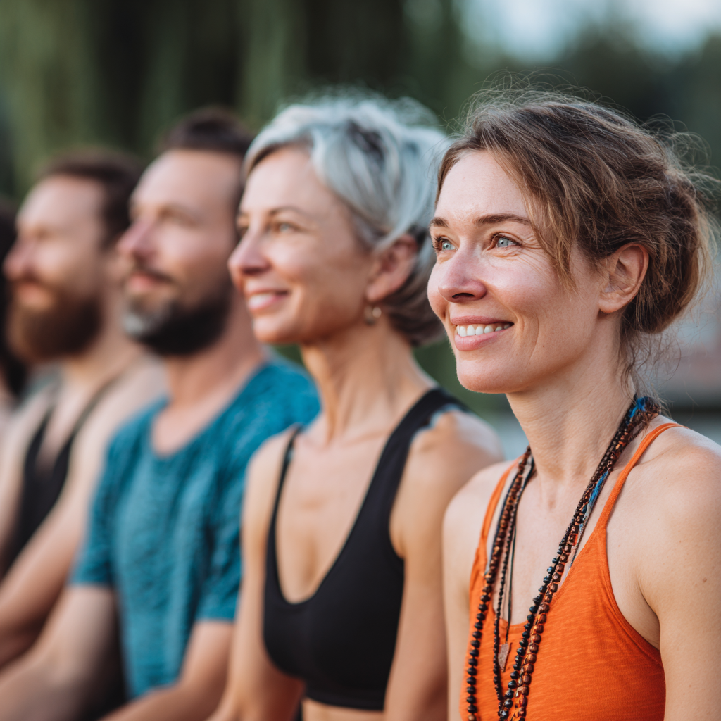 Peaceful Ukrainian adult in meditative yoga pose demonstrating wave-like flowing movement with serene facial expression in natural environment